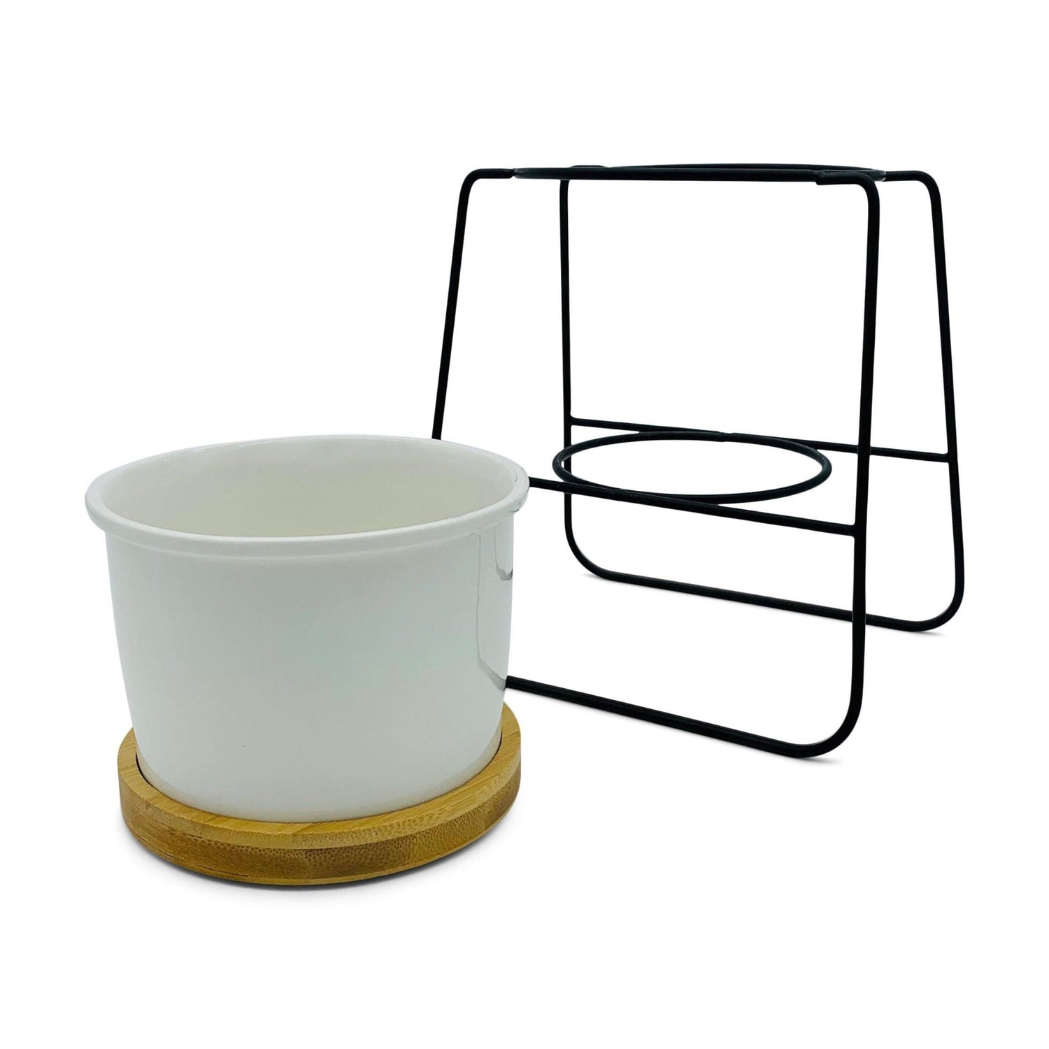 Oslo - Weißer Übertopf, Ø 11cm mit schwarzem Metallgestell und Bambusuntersetzer -KAKTOS Pflanzen &amp; Zubehör