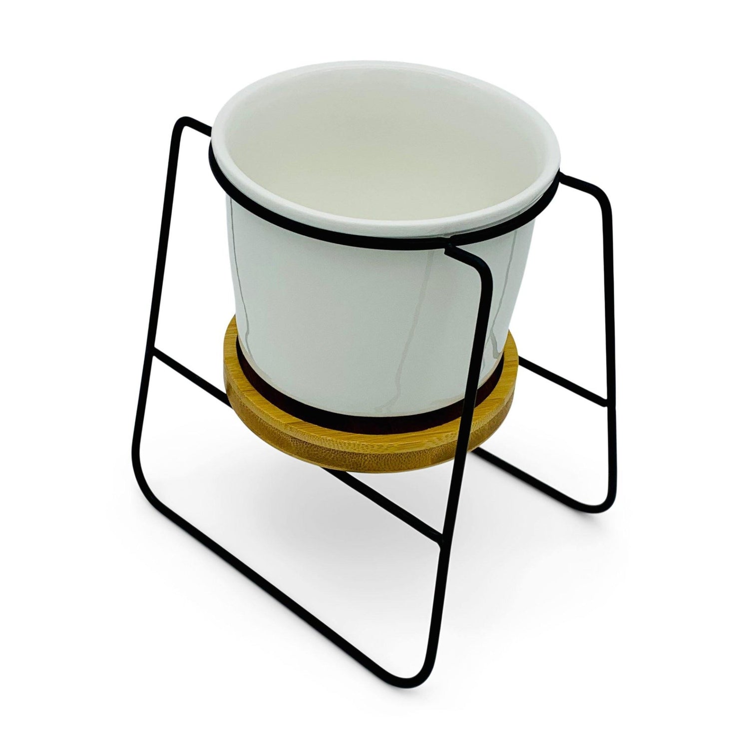 Oslo - Weißer Übertopf, Ø 11cm mit schwarzem Metallgestell und Bambusuntersetzer -KAKTOS Pflanzen &amp; Zubehör