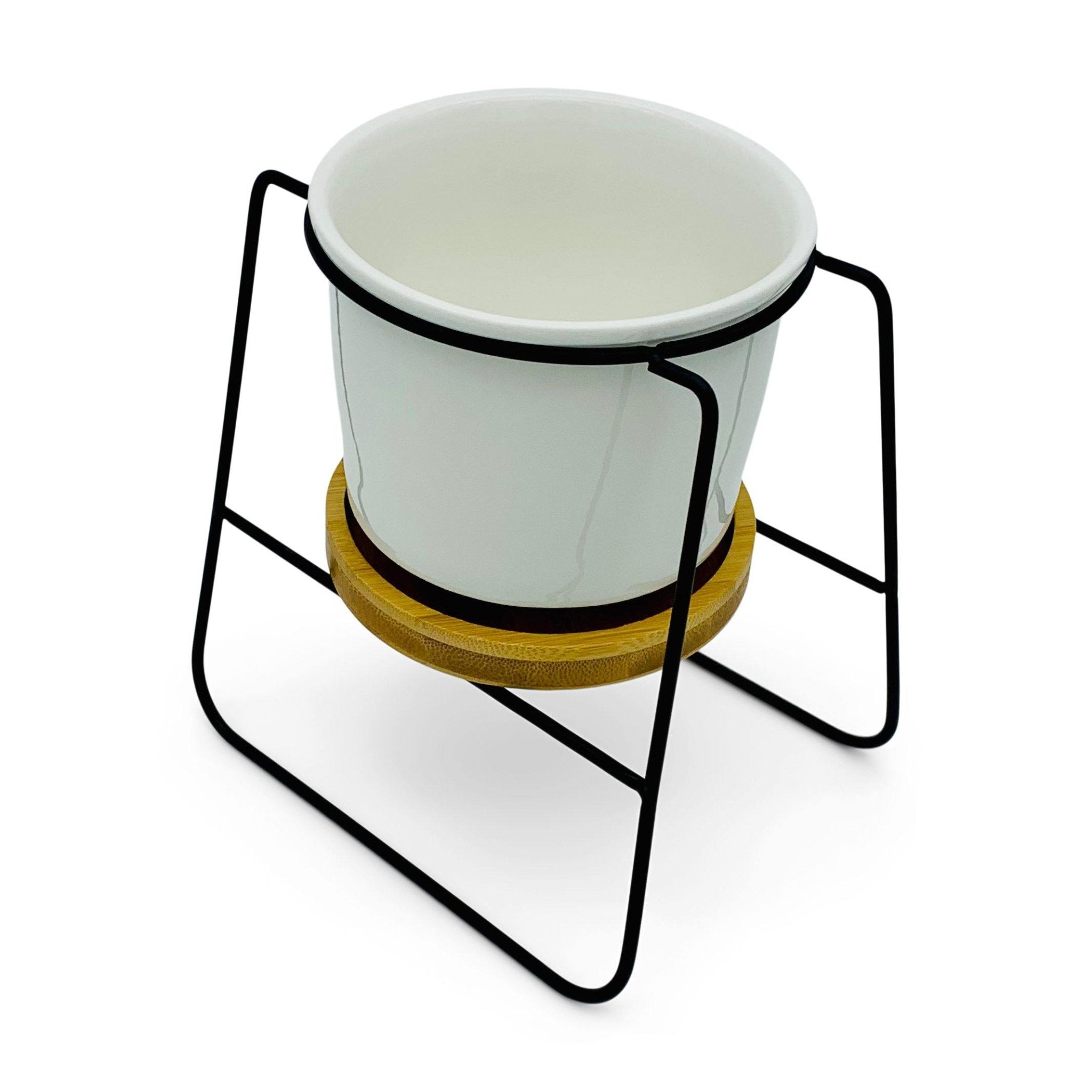 Oslo - Weißer Übertopf, Ø 11cm mit schwarzem Metallgestell und Bambusuntersetzer -KAKTOS Pflanzen &amp; Zubehör