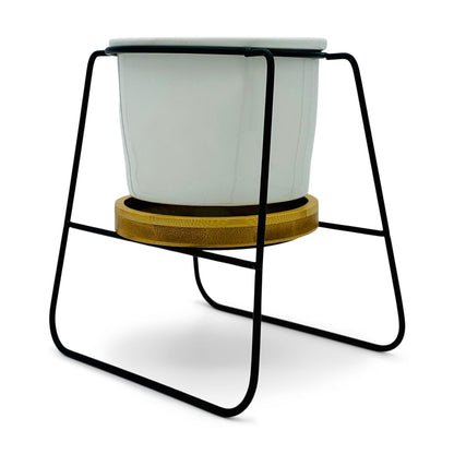 Oslo - Weißer Übertopf, Ø 11cm mit schwarzem Metallgestell und Bambusuntersetzer -KAKTOS Pflanzen &amp; Zubehör