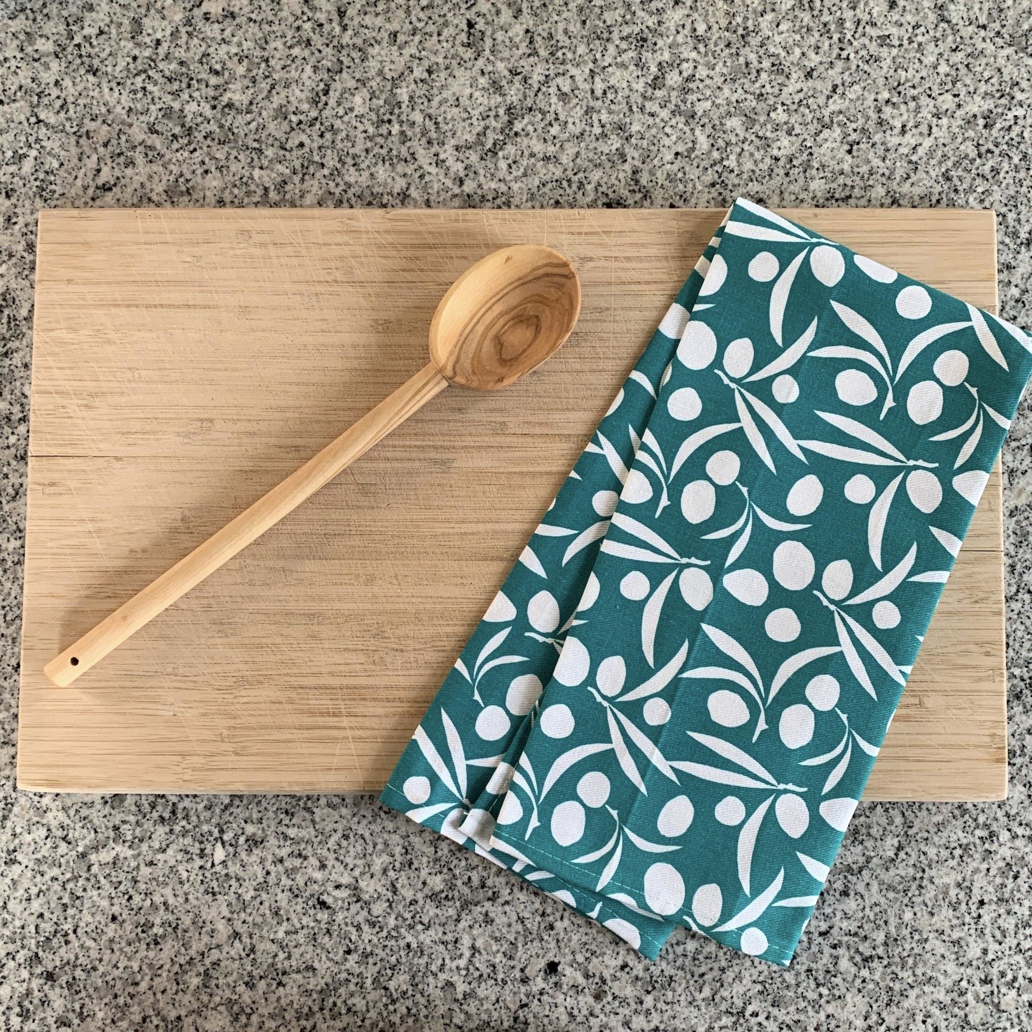 Paros - Geschirrtuch - Oliven auf türkies-blau - 100% Baumwolle -KAKTOS Pflanzen &amp; Zubehör