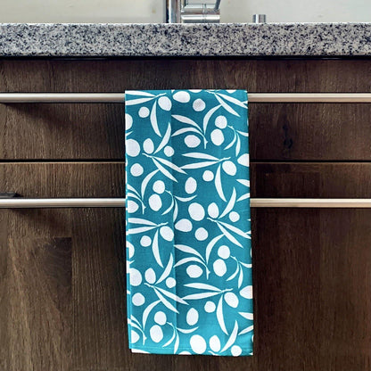 Paros - Geschirrtuch - Oliven auf türkies-blau - 100% Baumwolle -KAKTOS Pflanzen &amp; Zubehör